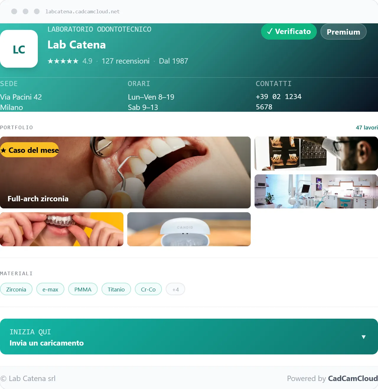 Mockup del portale pubblico di un laboratorio odontotecnico: header con logo e nome lab, rating, sede, orari, contatti, gallery di lavorazioni, materiali e CTA Invia un caricamento
