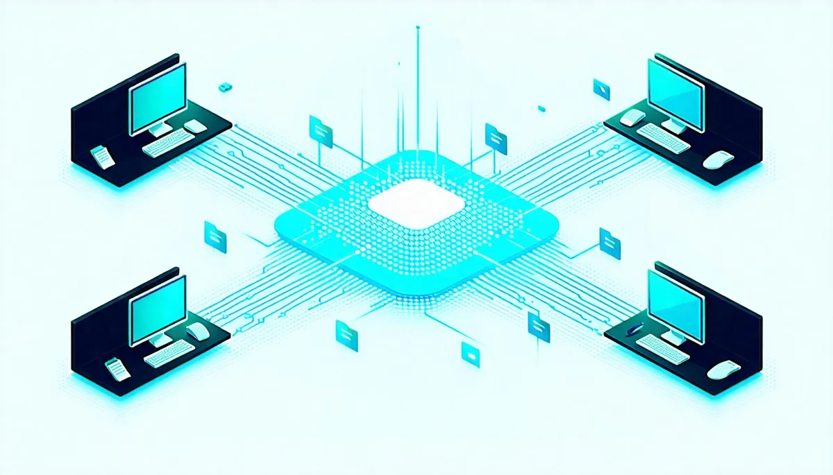 Schema isometrico di quattro postazioni di lavoro collegate via rete a un nodo cloud centrale